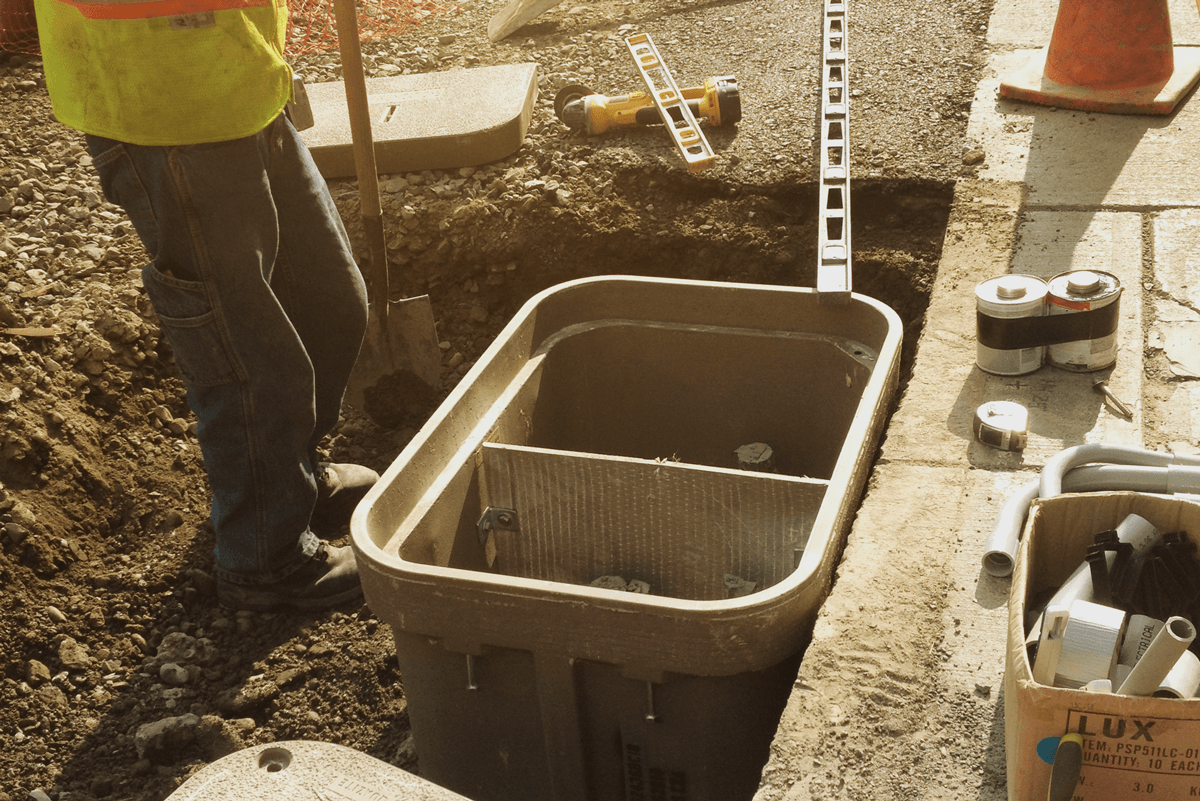 Installation of an underground utility handhole box on a construction site with professional tools and safety equipment
