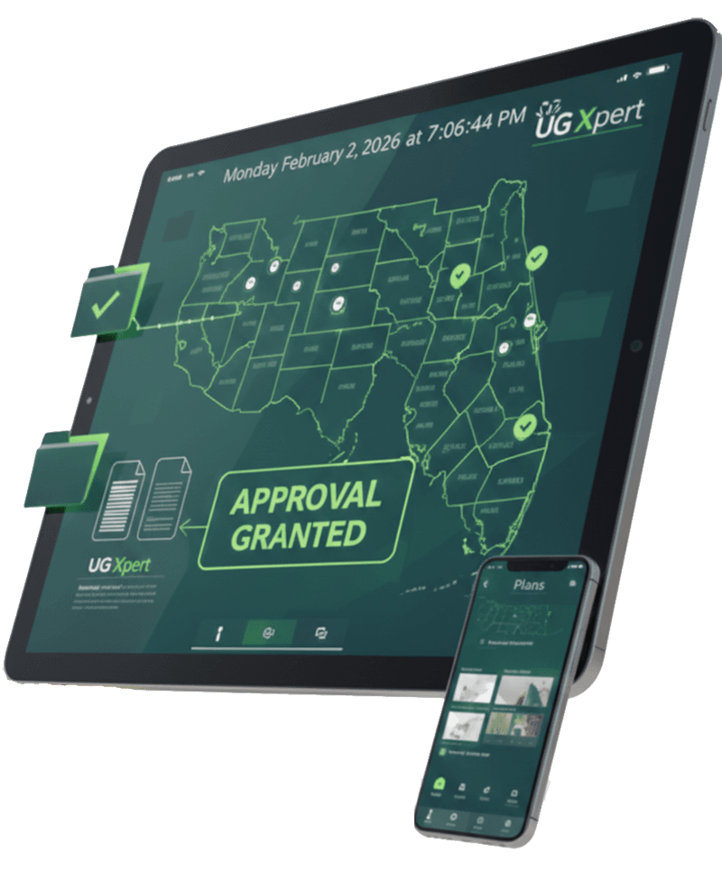 Digital construction permit approval dashboard showing Florida map and UG Xpert project management app on white background.